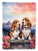 Basset Hound Two Hearts Garden Flag –  Romantic Dog Pair with Sunset & Mountain Background