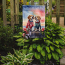Beagle Two Hearts Garden Flag –  Romantic Dog Pair with Sunset & Mountain Background
