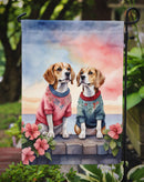 Beagle Two Hearts Garden Flag –  Romantic Dog Pair with Sunset & Mountain Background