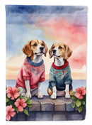 Beagle Two Hearts Garden Flag –  Romantic Dog Pair with Sunset & Mountain Background