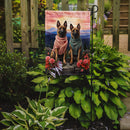 Belgian Malinois Two Hearts Garden Flag –  Romantic Dog Pair with Sunset & Mountain Background