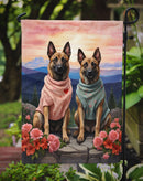 Belgian Malinois Two Hearts Garden Flag –  Romantic Dog Pair with Sunset & Mountain Background