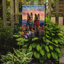 Belgian Tervuren Two Hearts Garden Flag –  Romantic Dog Pair with Sunset & Mountain Background