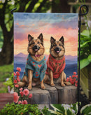Belgian Tervuren Two Hearts Garden Flag –  Romantic Dog Pair with Sunset & Mountain Background