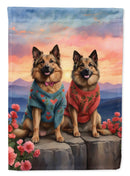 Belgian Tervuren Two Hearts Garden Flag –  Romantic Dog Pair with Sunset & Mountain Background