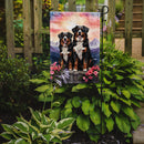 Bernese Mountain Dog Two Hearts Garden Flag –  Romantic Dog Pair with Sunset & Mountain Background