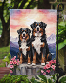 Bernese Mountain Dog Two Hearts Garden Flag –  Romantic Dog Pair with Sunset & Mountain Background