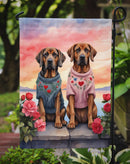 Bloodhound Two Hearts Garden Flag –  Romantic Dog Pair with Sunset & Mountain Background