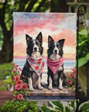 Border Collie Two Hearts Garden Flag –  Romantic Dog Pair with Sunset & Mountain Background