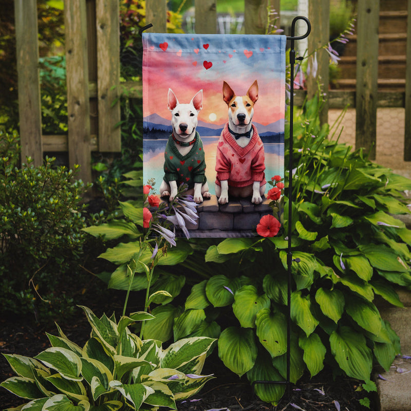 Bull Terrier Two Hearts Garden Flag –  Romantic Dog Pair with Sunset & Mountain Background