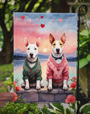 Bull Terrier Two Hearts Garden Flag –  Romantic Dog Pair with Sunset & Mountain Background