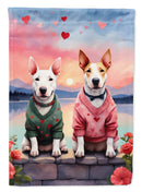 Bull Terrier Two Hearts Garden Flag –  Romantic Dog Pair with Sunset & Mountain Background