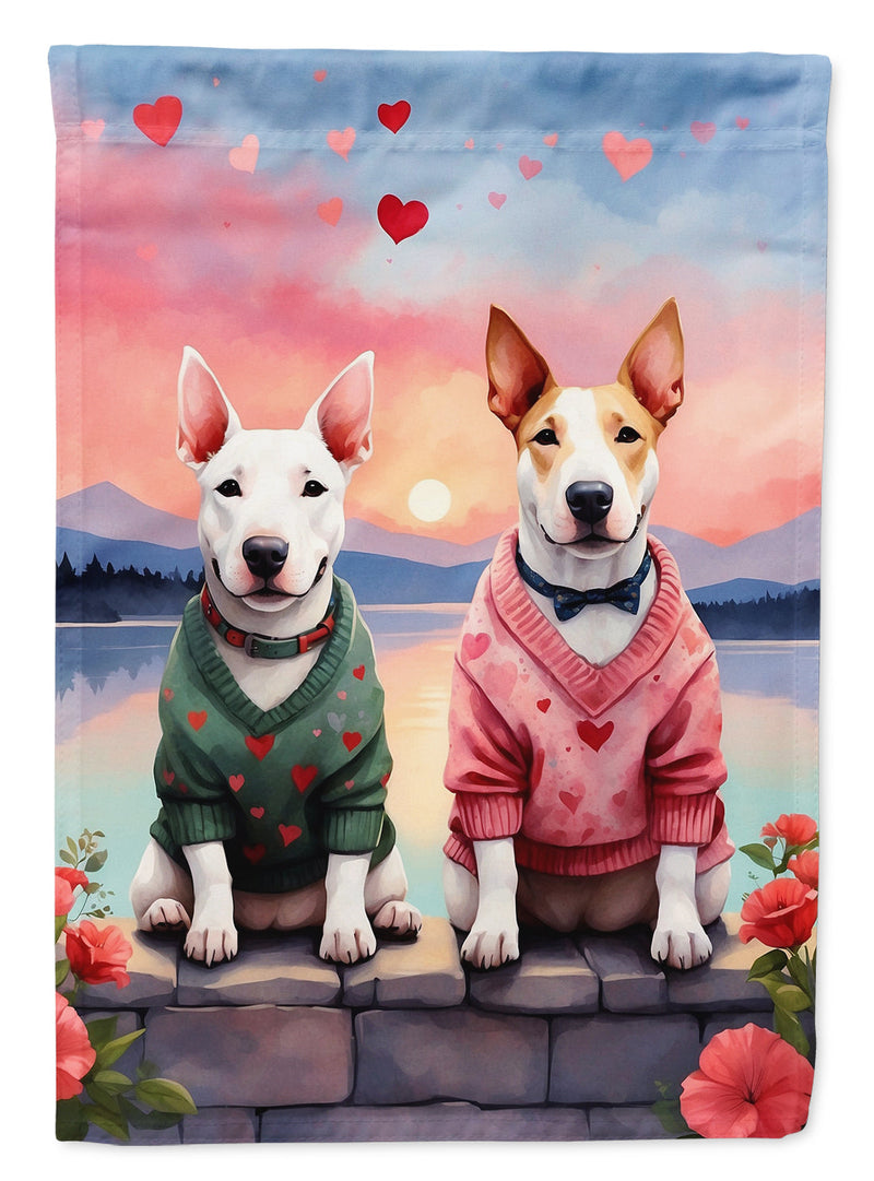 Bull Terrier Two Hearts Garden Flag –  Romantic Dog Pair with Sunset & Mountain Background