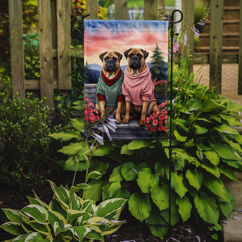 Bullmastiff Two Hearts Garden Flag –  Romantic Dog Pair with Sunset & Mountain Background