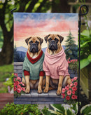 Bullmastiff Two Hearts Garden Flag –  Romantic Dog Pair with Sunset & Mountain Background