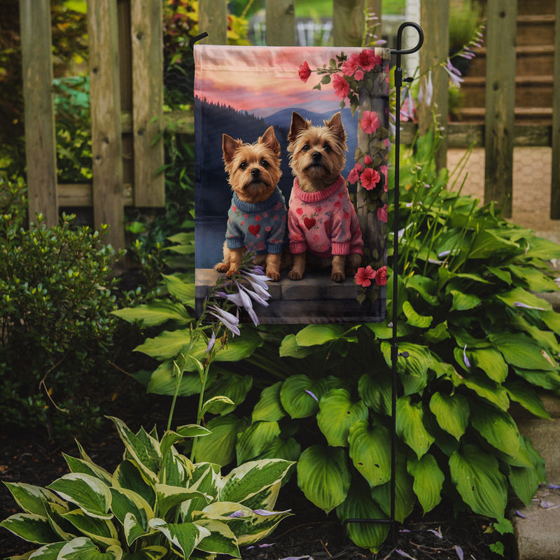 Cairn Terrier Two Hearts Garden Flag –  Romantic Dog Pair with Sunset & Mountain Background