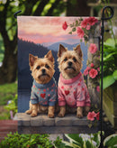 Cairn Terrier Two Hearts Garden Flag –  Romantic Dog Pair with Sunset & Mountain Background