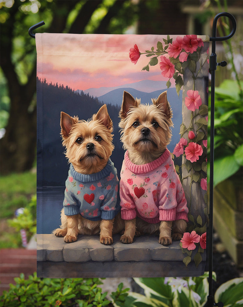 Cairn Terrier Two Hearts Garden Flag –  Romantic Dog Pair with Sunset & Mountain Background