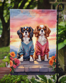 Cavalier Spaniel Two Hearts Garden Flag –  Romantic Dog Pair with Sunset & Mountain Background