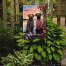 Chesapeake Bay Retriever Two Hearts Garden Flag –  Romantic Dog Pair with Sunset & Mountain Background