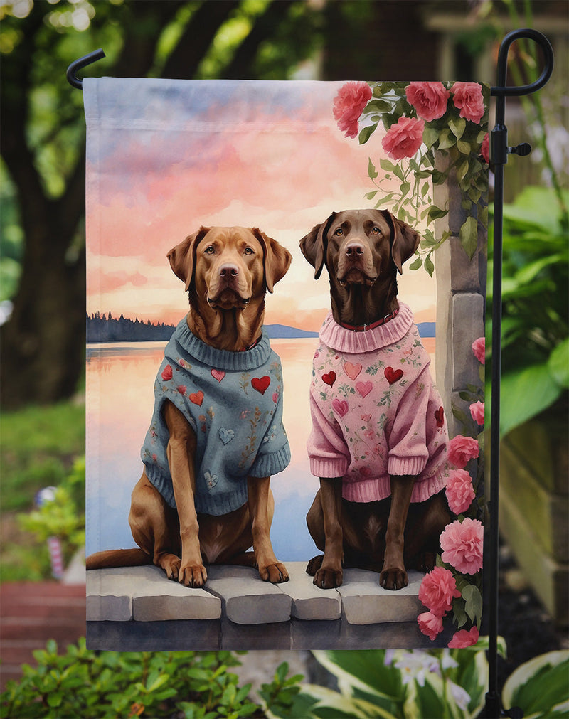 Chesapeake Bay Retriever Two Hearts Garden Flag –  Romantic Dog Pair with Sunset & Mountain Background