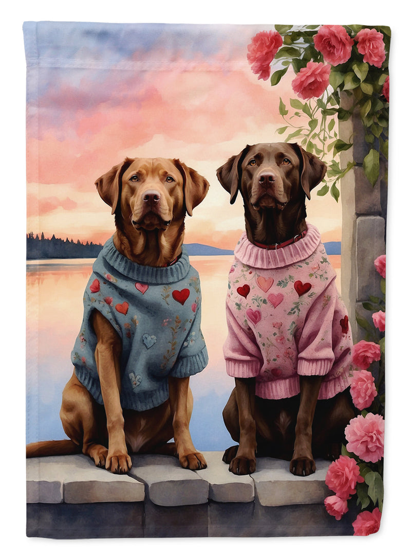Chesapeake Bay Retriever Two Hearts Garden Flag –  Romantic Dog Pair with Sunset & Mountain Background