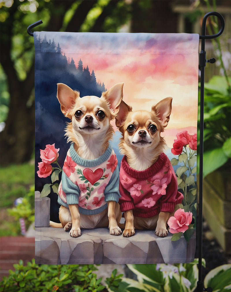 Chihuahua Two Hearts Garden Flag –  Romantic Dog Pair with Sunset & Mountain Background