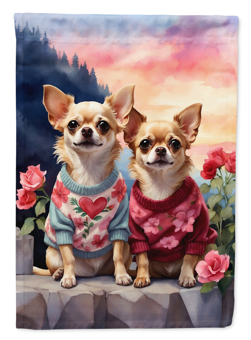 Chihuahua Two Hearts Garden Flag –  Romantic Dog Pair with Sunset & Mountain Background