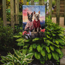 Chinese Crested Two Hearts Garden Flag –  Romantic Dog Pair with Sunset & Mountain Background