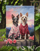Chinese Crested Two Hearts Garden Flag –  Romantic Dog Pair with Sunset & Mountain Background
