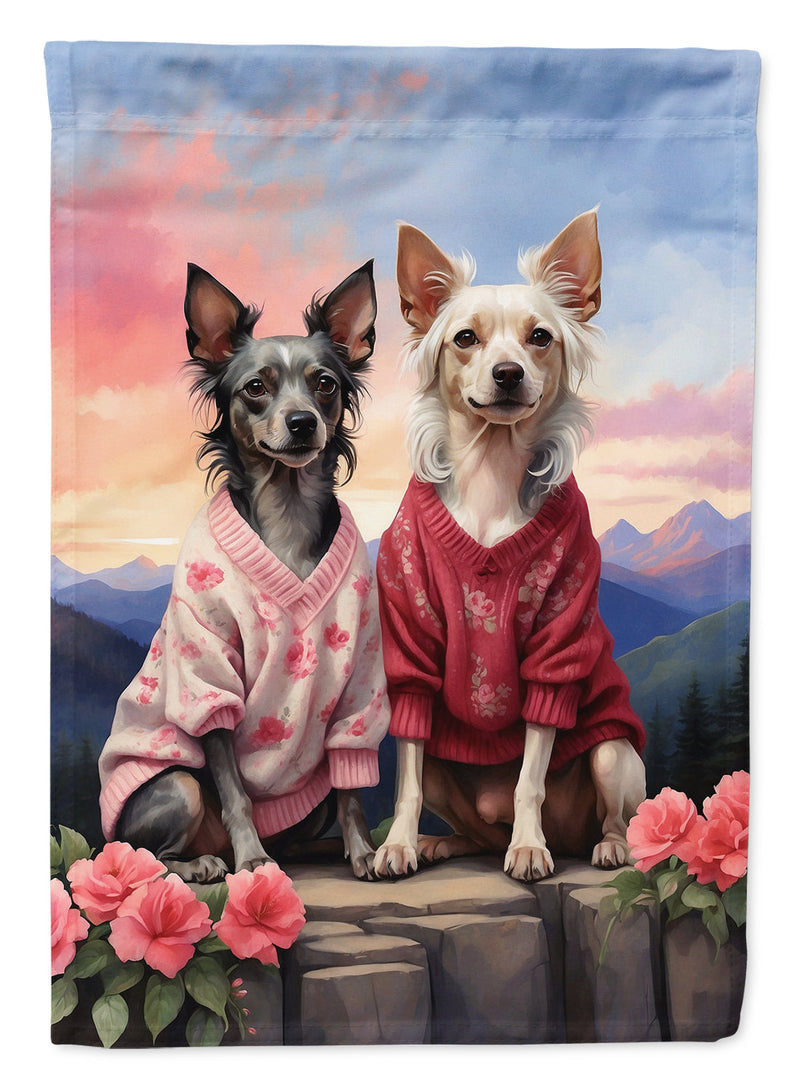 Chinese Crested Two Hearts Garden Flag –  Romantic Dog Pair with Sunset & Mountain Background