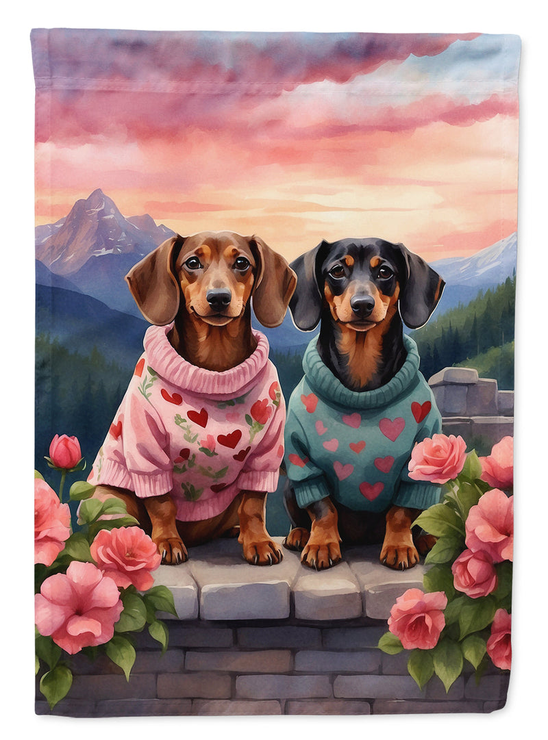Dachshund Two Hearts Garden Flag –  Romantic Dog Pair with Sunset & Mountain Background