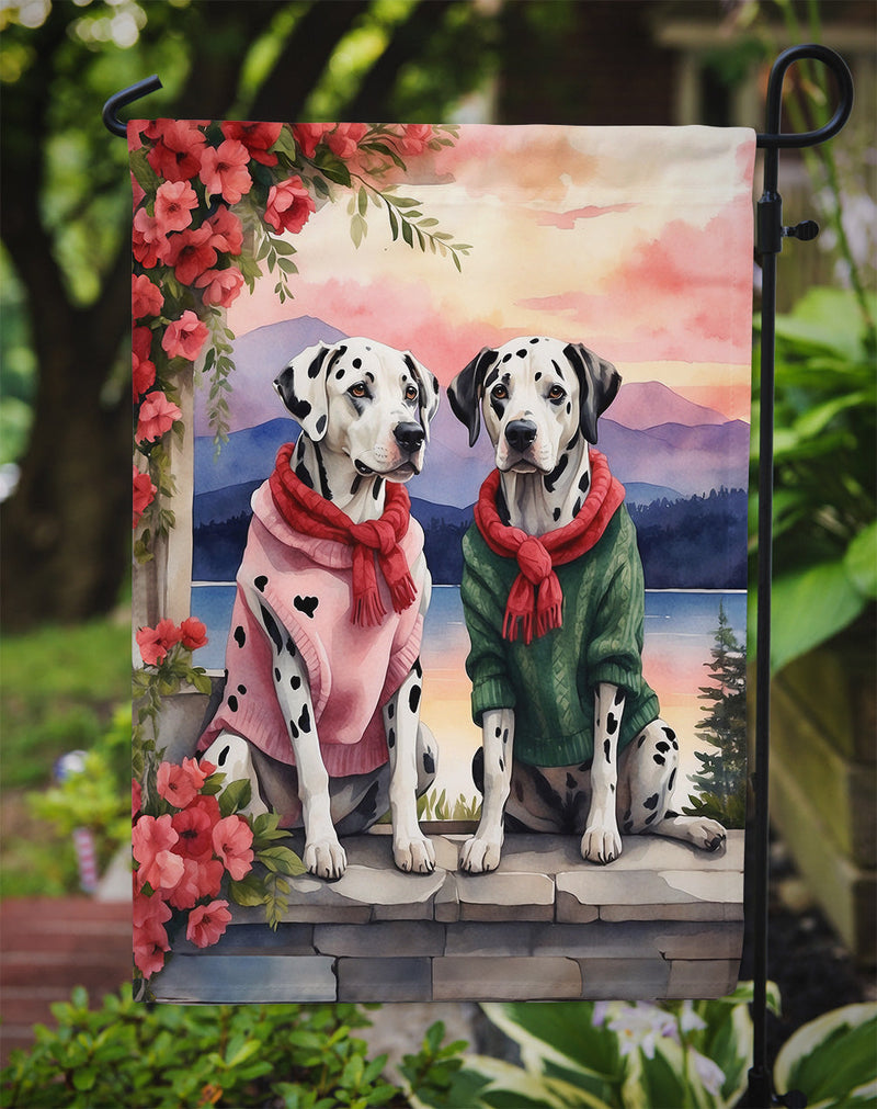 Dalmatian Two Hearts Garden Flag –  Romantic Dog Pair with Sunset & Mountain Background