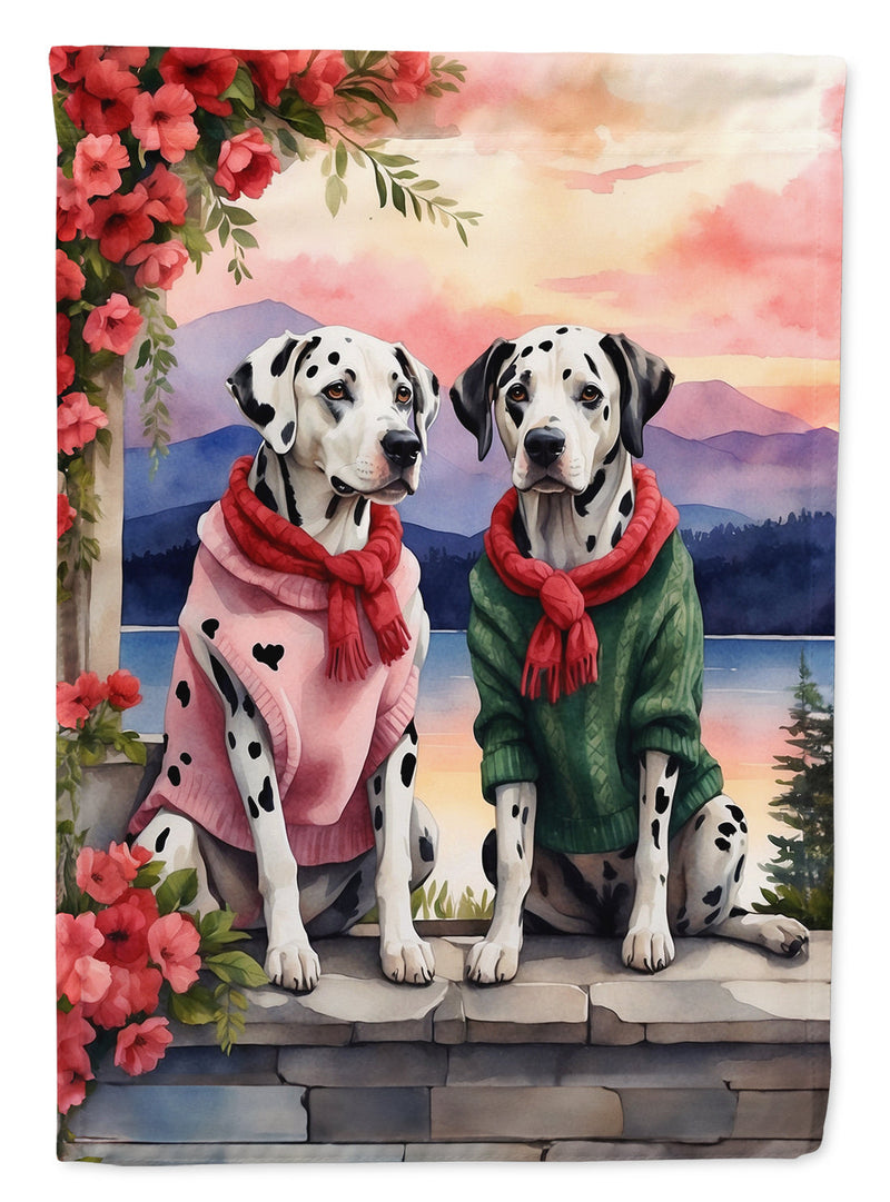 Dalmatian Two Hearts Garden Flag –  Romantic Dog Pair with Sunset & Mountain Background