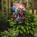 English Bulldog Two Hearts Garden Flag –  Romantic Dog Pair with Sunset & Mountain Background