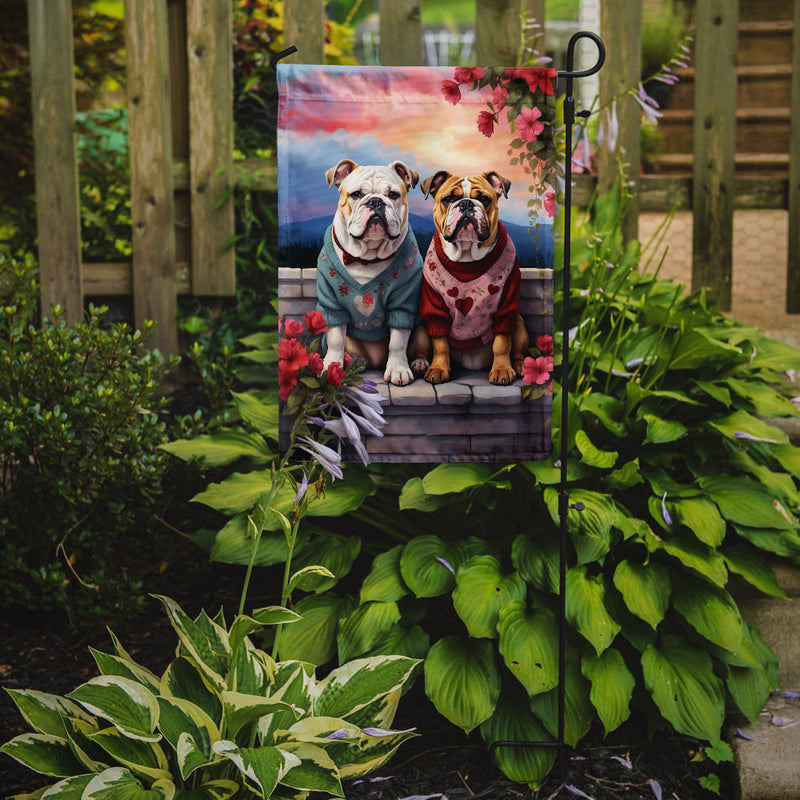 English Bulldog Two Hearts Garden Flag –  Romantic Dog Pair with Sunset & Mountain Background