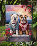 English Bulldog Two Hearts Garden Flag –  Romantic Dog Pair with Sunset & Mountain Background
