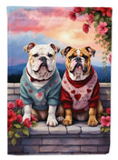English Bulldog Two Hearts Garden Flag –  Romantic Dog Pair with Sunset & Mountain Background