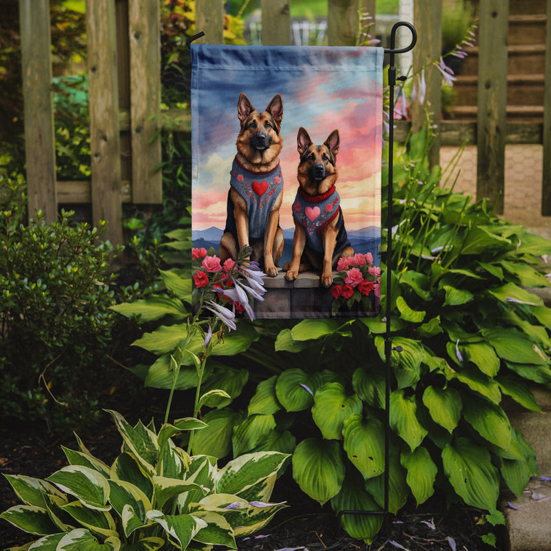 German Shepherd Two Hearts Garden Flag –  Romantic Dog Pair with Sunset & Mountain Background