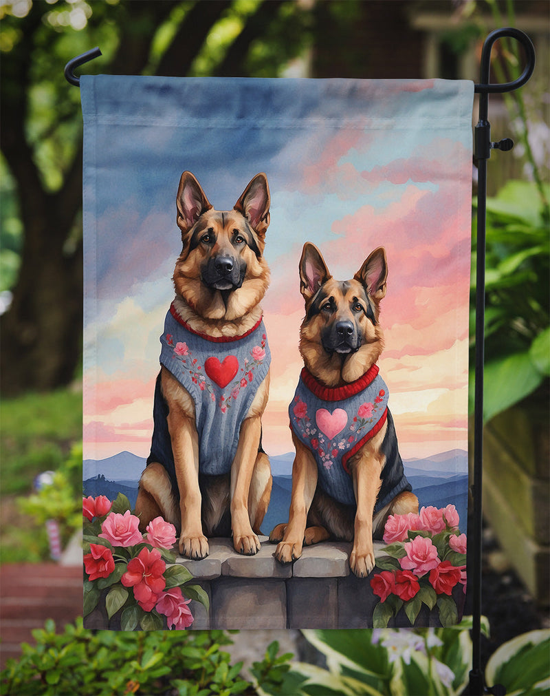 German Shepherd Two Hearts Garden Flag –  Romantic Dog Pair with Sunset & Mountain Background