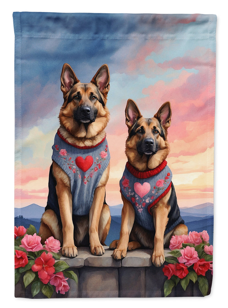 German Shepherd Two Hearts Garden Flag –  Romantic Dog Pair with Sunset & Mountain Background