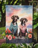 German Shorthaired Pointer Two Hearts Garden Flag –  Romantic Dog Pair with Sunset & Mountain Background