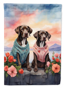 German Shorthaired Pointer Two Hearts Garden Flag –  Romantic Dog Pair with Sunset & Mountain Background