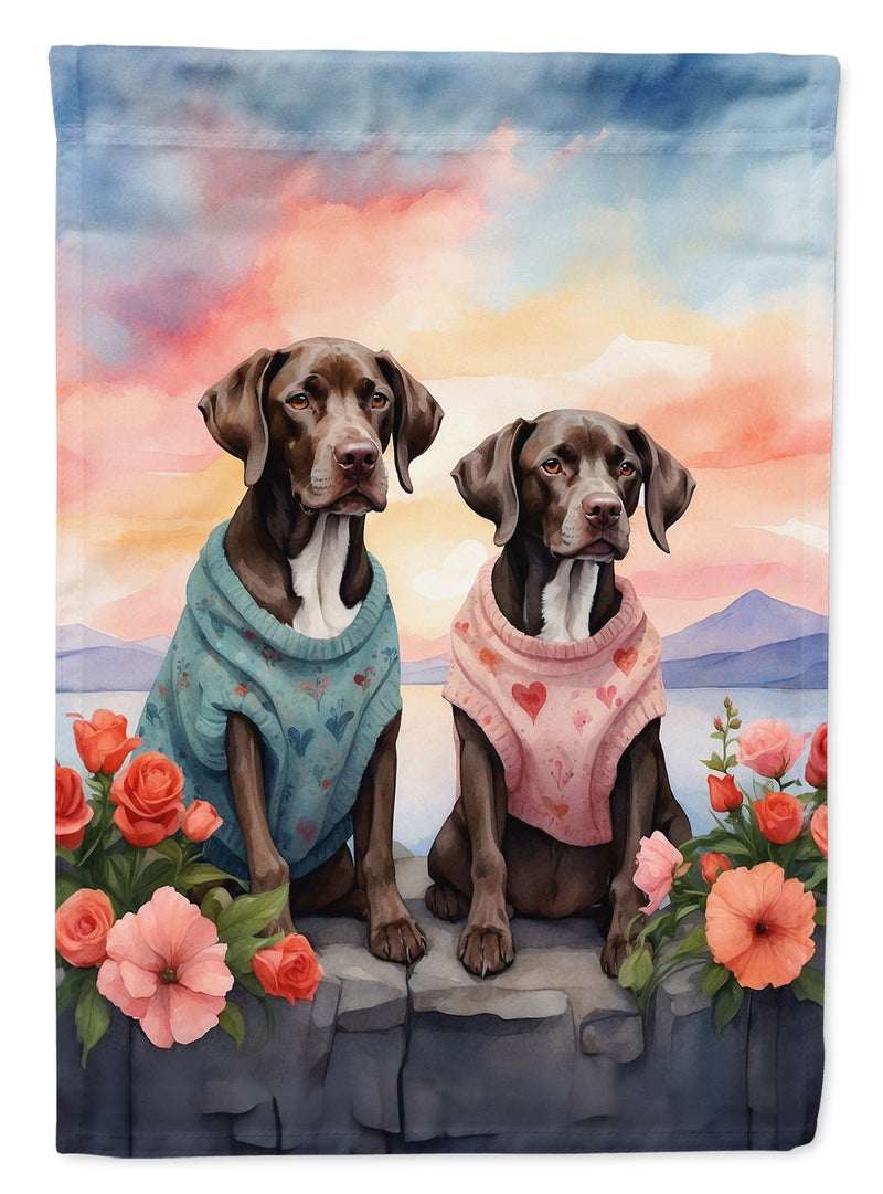 German Shorthaired Pointer Two Hearts Garden Flag –  Romantic Dog Pair with Sunset & Mountain Background