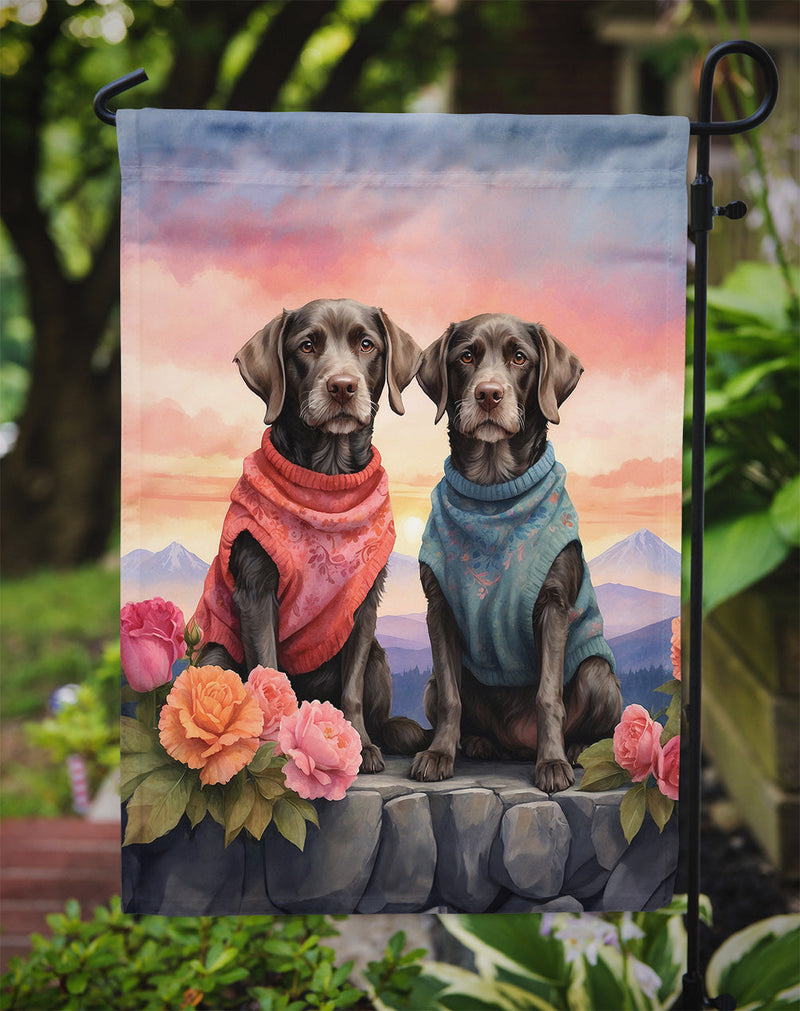 German Wirehaired Pointer Two Hearts Garden Flag –  Romantic Dog Pair with Sunset & Mountain Background