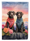 German Wirehaired Pointer Two Hearts Garden Flag –  Romantic Dog Pair with Sunset & Mountain Background