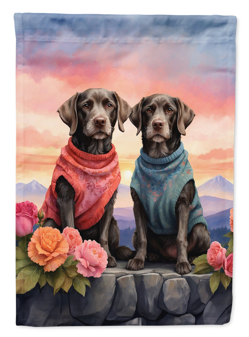 German Wirehaired Pointer Two Hearts Garden Flag –  Romantic Dog Pair with Sunset & Mountain Background