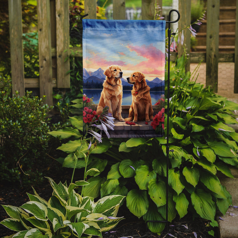 Golden Retriever Two Hearts Garden Flag –  Romantic Dog Pair with Sunset & Mountain Background