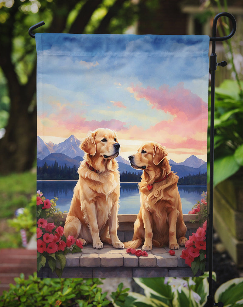 Golden Retriever Two Hearts Garden Flag –  Romantic Dog Pair with Sunset & Mountain Background