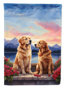 Golden Retriever Two Hearts Garden Flag –  Romantic Dog Pair with Sunset & Mountain Background